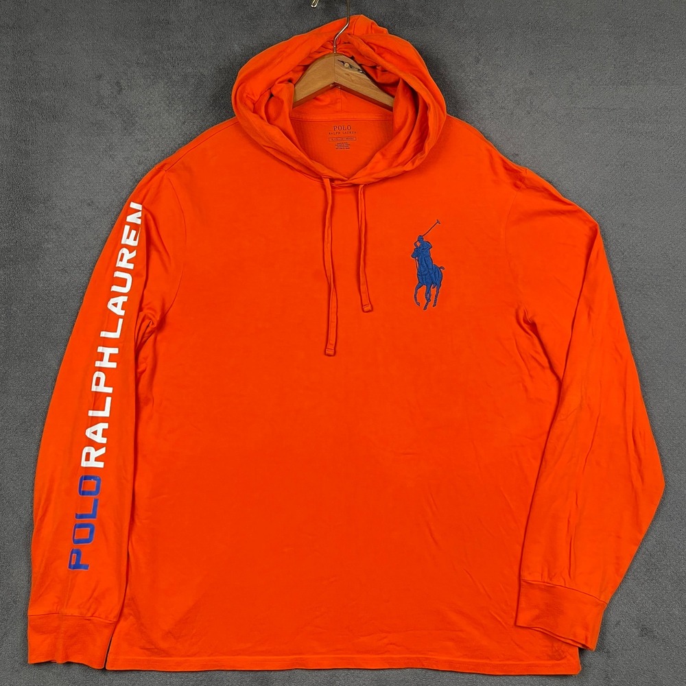 Polo Ralph Lauren Hooded Shirt Mens XL Orange Big Pony Graphic Sleeve Pullover